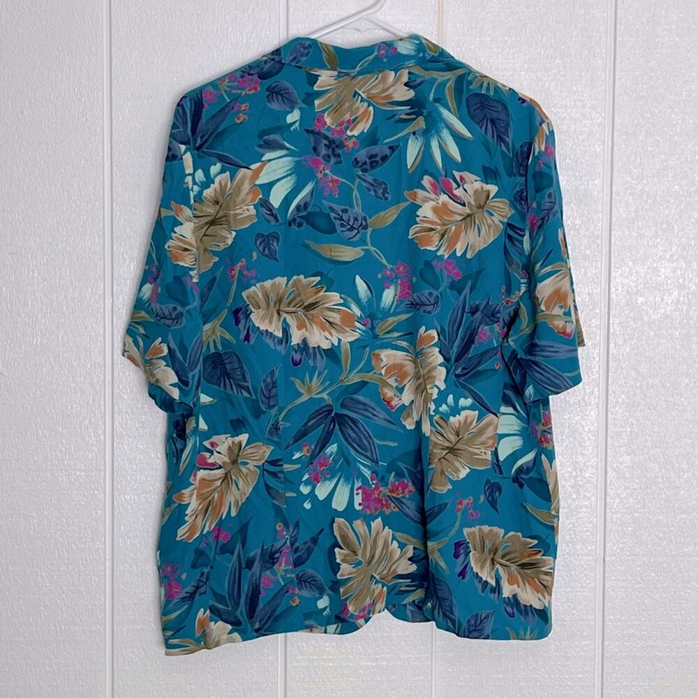 Vintage Colorful Women's Hawaiian Shirt Short Sleeve Teal Blue Aqua Floral XL - Picture 5 of 9